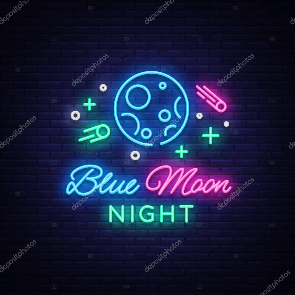 Blue Moon Night Club Logo in Neon Style. Neon Sign, Light Banner, Night Bright Night Club Advertising. Disco. Design template for invitation party. Vector illustration.