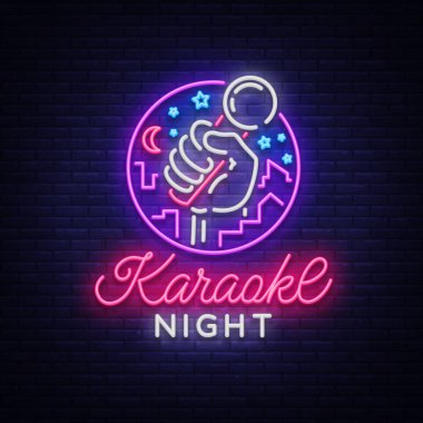 Karaoke gecesi vektör. Neon tabela, aydınlık logo, sembol, ışık afiş. Reklam parlak gece karaoke bar, parti, disko bar, gece kulübü. Canlı müzik. Tasarım şablonu