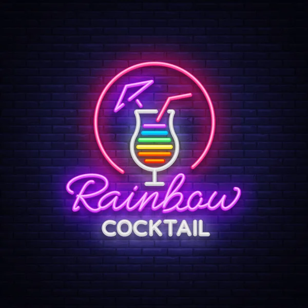 Cocktail logo in neon style. Rainbow Cocktail. Neon sign, Design template for drinks, alcoholic beverages. Light banner, Bright nightlight advertising for cocktail bar, party. Vector illustration — Stock Vector