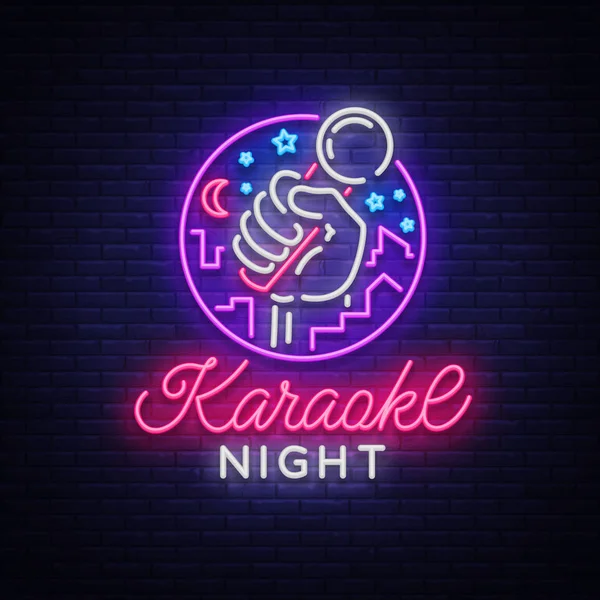 Karaoke vector nocturno. Signo de neón, logotipo luminoso, símbolo, banner de luz. Publicidad brillante noche karaoke bar, fiesta, discoteca, discoteca. Música en vivo. Plantilla diseño — Archivo Imágenes Vectoriales