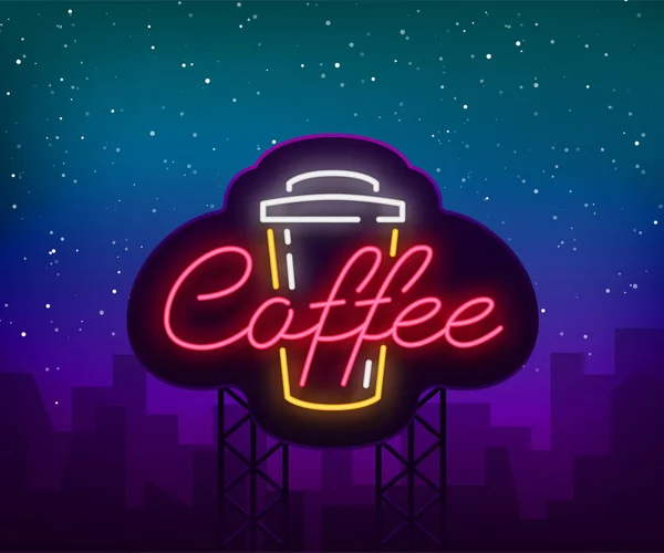 Illustration vectorielle de logo de néon de café, emblème dans le style néon, signe lumineux de nuit, publicité de nuit du café. Panneau publicitaire — Image vectorielle