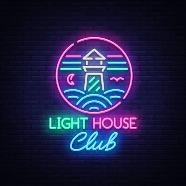 Faro del Night Club Neon Sign. Logo del faro in stile neon, simbolo, modello di design per discoteca, pubblicità per feste notturne, discoteche, celebrazioni. Bandiera al neon, cartolina. Illustrazione vettoriale — Vettoriale Stock
