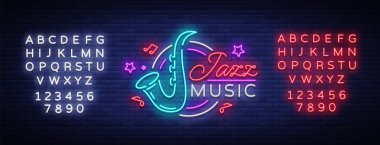 Caz müzik bir neon işarettir. Sembol, neon-stil logosu, parlak gece afiş, caz müzik Jazz Cafe, Restoran, bar, parti, konser için reklam aydınlık. Vektör çizim. Metin neon işareti düzenleme