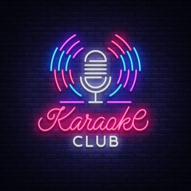 Karaoke Club Logo Neon tarzı. Neon tabela, parlak gece neon Karaoke reklam. Işık afiş, parlak gece billboard. Vektör çizim