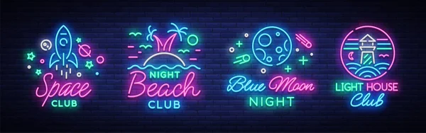 Nightclub set tanda-tanda neon. Koleksi Logo dalam Gaya Neon, Simbol. Mercusuar, pantai, luar angkasa. Desain templat untuk klub malam, pesta malam iklan, disko, perayaan. Ilustrasi vektor - Stok Vektor