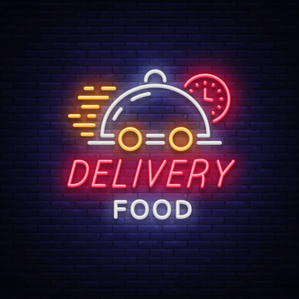 Food delivery neon sign. Logo in neon style, light banner, luminous symbol, bright nightlife neon advertising food delivery for your projects. Vector illustration — Stock Vector