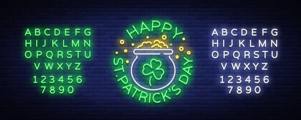 Happy st. patricks day vektor illustration in neon style. Leuchtreklame, Grußkarte, Postkarte, Leuchtreklame, bunte Werbung, Flyer. Einladung zum Patrickstag. Bearbeiten von Text Leuchtreklame — Stockvektor