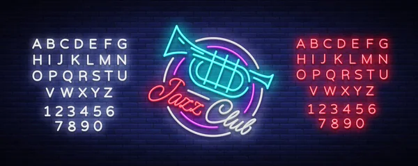 Джаз-клуб неонові вектор. Неоновий знак, логотип, блискучий банер, Bright ніч реклами для ваших проектів на джазової музики. Жива музика. Редагування тексту неоновий знак — стоковий вектор