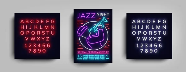 Jazz Music Festival Design Template Tipografia in stile neon. Neon Sign, Bright Advertising, Flyer Invito alla Festa, Festival, Jazz Music Concert. Illustrazione vettoriale. Modifica testo neon segno — Vettoriale Stock