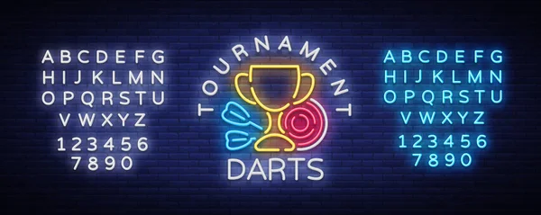 Darts-Turnier Leuchtreklame. Vektorillustration. helle nächtliche Darts-Werbung, Neon-Logo, Symbol, leichtes Banner, Design-Vorlage für Ihre Projekte. Bearbeiten von Text Leuchtreklame — Stockvektor