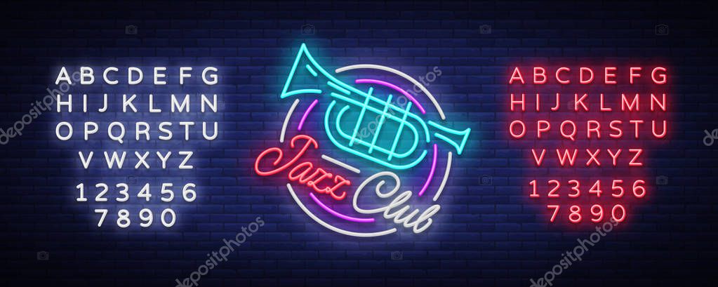 Jazz Club Neon Vector. Neon sign, Logo, Brilliant Banner, Bright Night Advertising for your projects on Jazz Music. Live music. Editing text neon sign.
