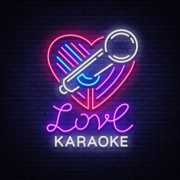Karaoke Love logo em estilo neon. Sinal de néon, brilhante neon nocturno a anunciar Karaoke. Bandeira de luz, cartaz de noite brilhante. Ilustração vetorial —  Vetores de Stock