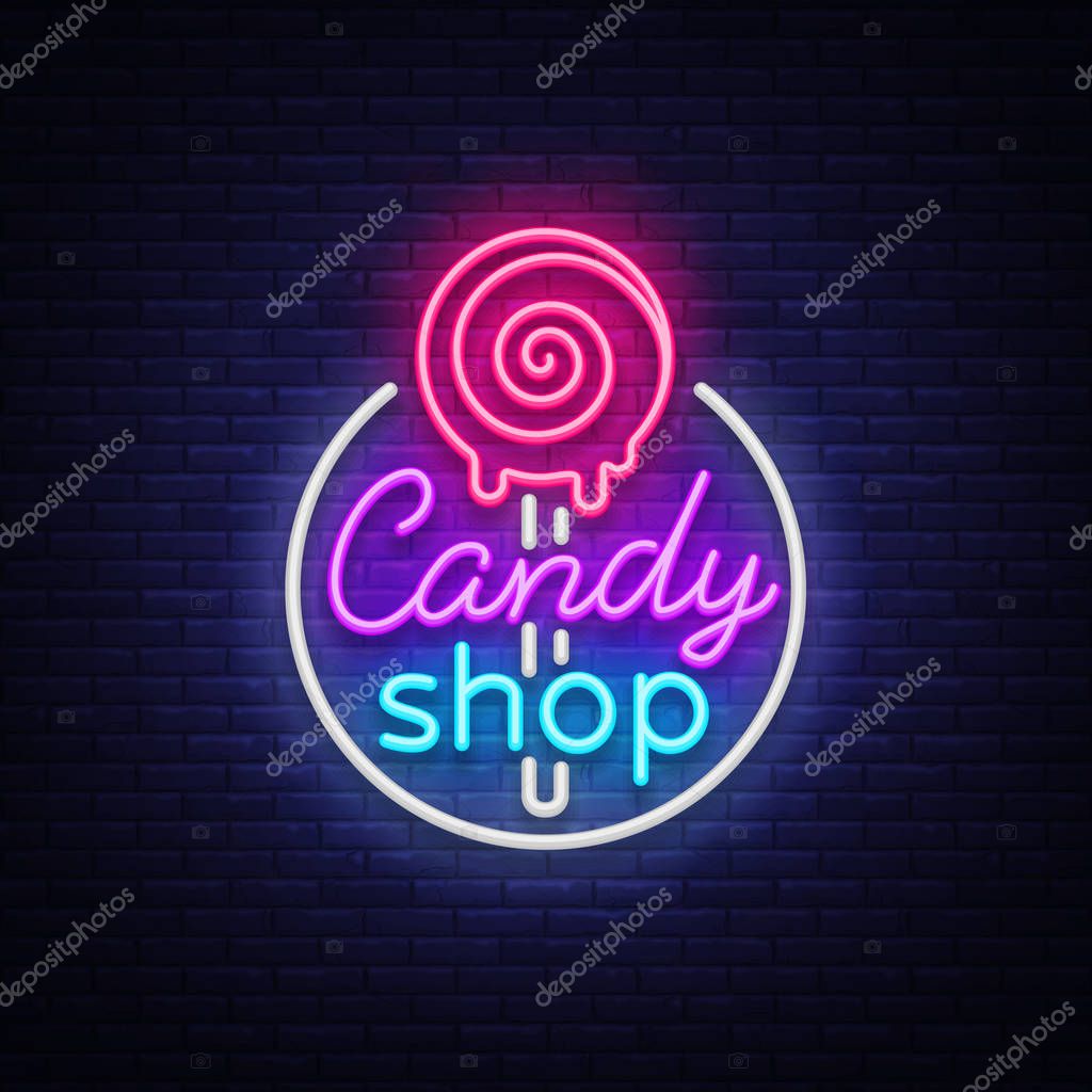 Candy shop logo in neon style. Store sweets neon sign, banner light, bright neon night sweets advertising. Design template for your projects. Vector illustration.