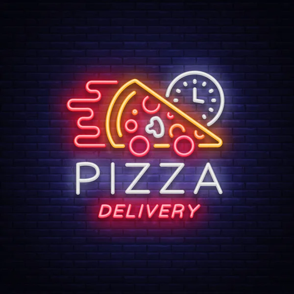 Delivery pizza neon sign. Logo in neon style, light banner, luminous symbol, bright night neon advertising food delivery for restaurant, cafe, pizzerias, dining. Italian cuisine. Vector illustration — Stock Vector