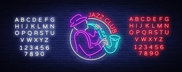 Jazz Club Neon vektor. Neonskylt, logotyp, lysande Banner, Bright natt reklam för dina projekt på jazzmusik. Levande musik. Redigera text neonskylt — Stock vektor