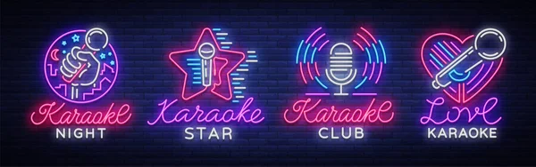 Karaoke conjunto de sinais de néon. Coleção é um logotipo leve, um símbolo, um banner de luz. Publicidade noite brilhante karaoke bar, festa, discoteca bar, boate. Música ao vivo. Modelo de design. Ilustração vetorial —  Vetores de Stock