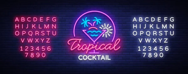 Tropical Cocktail neon sign. Cocktail Logo, Neon Style, Light Banner, Night Bright Neon Advertising for Cocktail Bar, Party, Pub. Alkohol. Vektor ilustrasi. Menyunting tanda teks neon - Stok Vektor