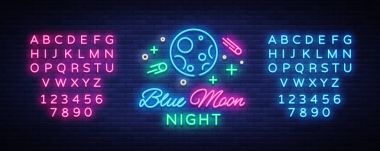 Mavi ay gece kulübü Logo Neon tarzı. Neon tabela, ışık afiş, gece parlak gece kulübü reklam. Disko. Tasarım şablonu davet partisi için. Vektör çizim. Metin neon işareti düzenleme