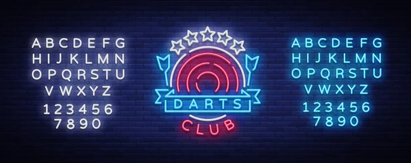 Darts Club Logo in Neon-Stil. Leuchtreklame, helle Nachtwerbung, Lichtbanner. Vektonillustration. Bearbeiten von Text Leuchtreklame — Stockvektor