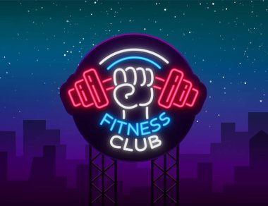 Fitness, spor salonu logo izole, neon stil vektör çizim imzala. Parlayan bir afiş, parlak neon tabela, bir gece reklam fitness club, bir spor salonu, spor kulübü. Billboard