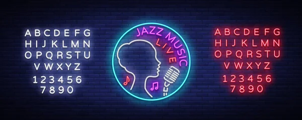 Jazzová hudba je styl logo neon. Neon znaménko, znak, světle banner, světelná znamení. Zářivě neonová noc reklamu na jazzový klub, kavárna, Bar, večírek. Vektorové ilustrace. Editace textu neonový nápis — Stockový vektor