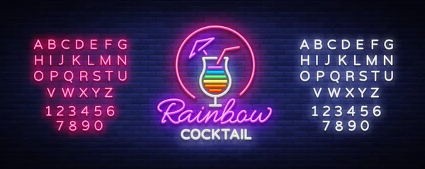 Logo koktail dengan gaya neon. Rainbow Cocktail. Tanda neon, desain template untuk minuman, alkohol. Panji cahaya, iklan Bright untuk bar koktail, pesta. Vektor ilustrasi. Menyunting tanda teks neon - Stok Vektor