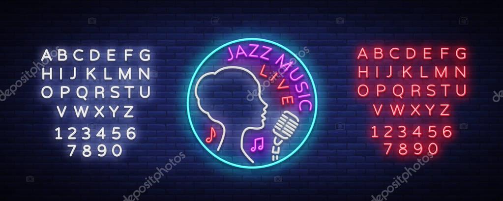 Jazz music is a neon style logo. Neon sign symbol, emblem, light banner, luminous sign. Bright Neon Night Advertising for Jazz Club, Cafe, Bar, Party. Vector illustration. Editing text neon sign.