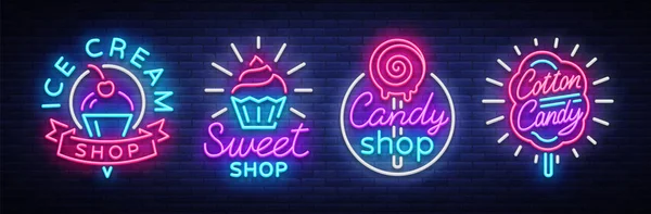 Tatlılar Shop koleksiyon logo neon tarzı şarkıdır. Dondurma Salonu, pamuk şeker. Şeker dükkanı koleksiyonu neon işaret, güzelleştiriyor reklam banner, parlak neon ışık. Tasarım şablonu. Vektör çizim