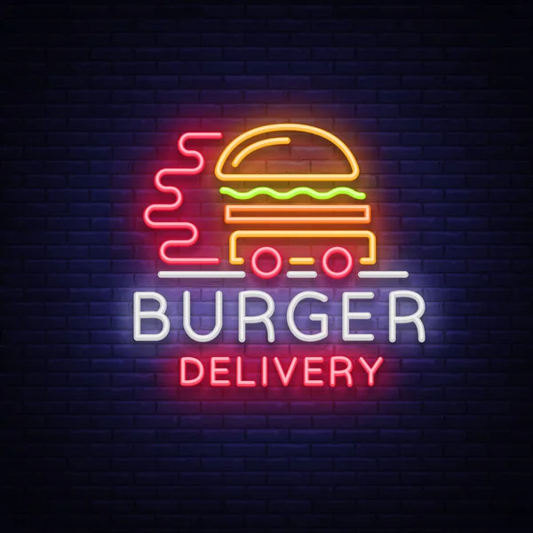 Logo pengiriman burger dalam gaya neon. Papan neon, spanduk ringan, templat desain, neon malam mengiklankan pengiriman makanan. Ilustrasi vektor - Stok Vektor