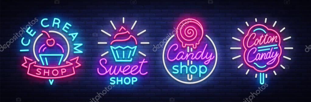 Sweets Shop is collection logos of neon style. Ice cream shop, Cotton Candy. Candy shop collection neon signs, light banner, bright neon sweetening advertisement. Design template. Vector illustration.