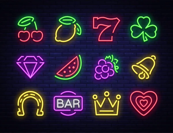 Slotmachine is een neon teken. Collectie van neon tekent voor een speelautomaat. Spel iconen voor casino. Vectorillustratie Casino, Fortune en gokken. Jackpot — Stockvector