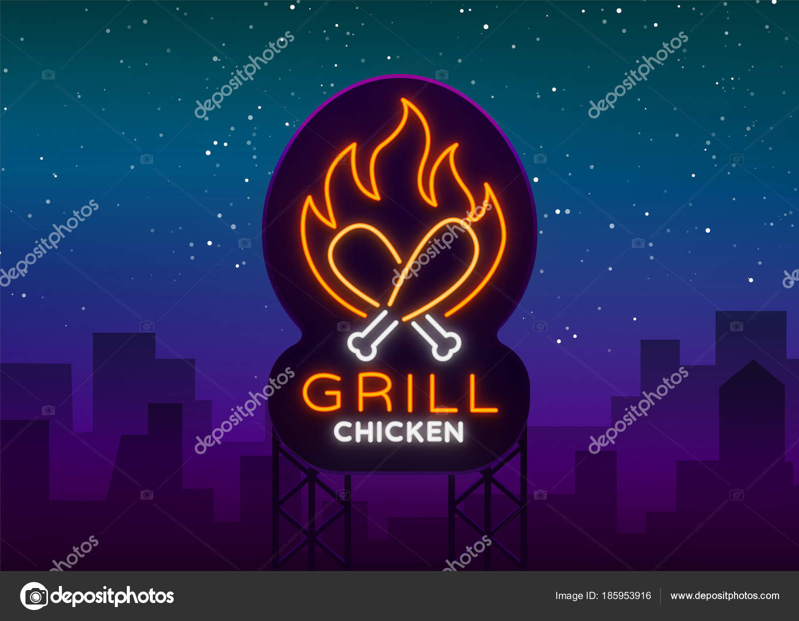Logo Chicken Grill emblem, neonstyle sign for food store, restaurant. Neon sign, glowing banner