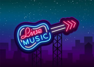 Canlı müzik neon işareti vektör, afiş, amblem canlı müzik Festivali, müzik barlar, karaoke, gece kulüpleri için. El ilanı, afiş, davetiye, broşür ve kapakları için şablon