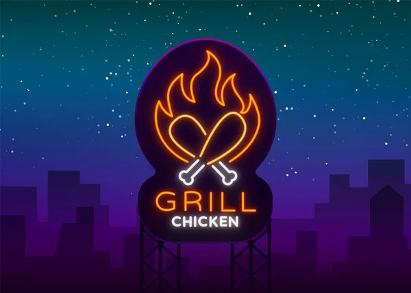 Logo Chicken Grill emblem, merek bergaya neon untuk toko makanan, restoran. Tanda neon, spanduk bercahaya, barbekyu ayam malam yang cerah. Vektor ilustrasi. Billboard - Stok Vektor