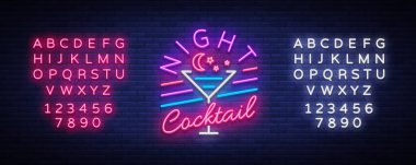 Gece kokteyl bir neon işarettir. Kokteyl Logo, Neon tarzı, afiş, gece parlak Neon ışık reklam kokteyl Bar, parti, Pub için. Alkol. Vektör çizim. Metin neon işareti düzenleme