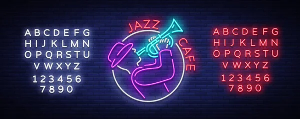 Jazzcafé Logo im Neon-Stil. Leuchtreklame Symbol, Emblem, Lichtbanner, Leuchtreklame. helle Leuchtwerbung für Jazzclub, Café, Restaurant, Bar, Party. Vektorillustration. Bearbeiten von Text Leuchtreklame — Stockvektor