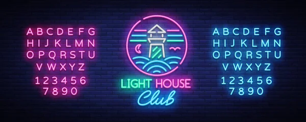 Night Club Lighthouse Neon Sign. Lighthouse Logo in Neon Style, Symbol, Design Template for Nightclub, Night Party Advertising, Discos (dalam bahasa Inggris). Panji Neon. Vektor ilustrasi. Menyunting tanda teks neon - Stok Vektor