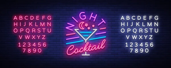 Night Cocktail es un letrero de neón. Logo de cóctel, estilo neón, bandera ligera, publicidad de neón brillante de noche para bar de cócteles, fiesta, pub. Alcohol. Ilustración vectorial. Edición de texto signo de neón — Vector de stock
