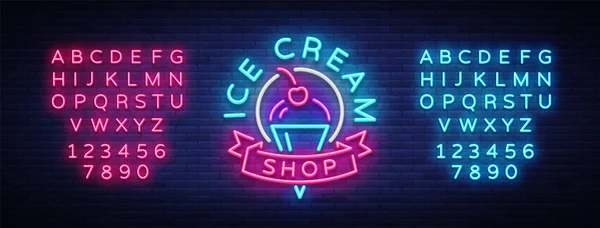 Eisdiele Leuchtreklame. Eisdiele Logo in Neon-Stil, Symbol, Lichtbanner, helle Nacht Werbung Eis, Werbetafel. Designvorlage. Vektorillustration. Bearbeiten von Text Leuchtreklame — Stockvektor