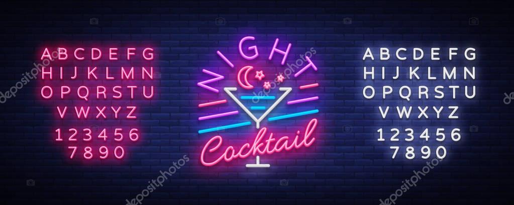 Night Cocktail is a neon sign. Cocktail Logo, Neon Style, Light Banner, Night Bright Neon Advertising for Cocktail Bar, Party, Pub. Alcohol. Vector illustration. Editing text neon sign.