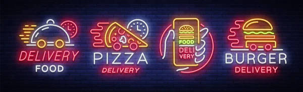 Usługa dostaw jedzenia Zestaw neonów. Logotyp kolekcja w stylu neon, światła reklama transparent, jasne noc dla dostawy żywności dla restauracji, pizzerii, kawiarni, restauracji. Burgery, Pizza. Ilustracja wektorowa — Wektor stockowy