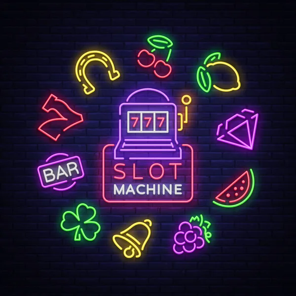 Slotmachine is een neon teken. Collectie van neon tekent voor een speelautomaat. Spel iconen voor casino. Vectorillustratie Casino, Fortune en gokken. Jackpot — Stockvector