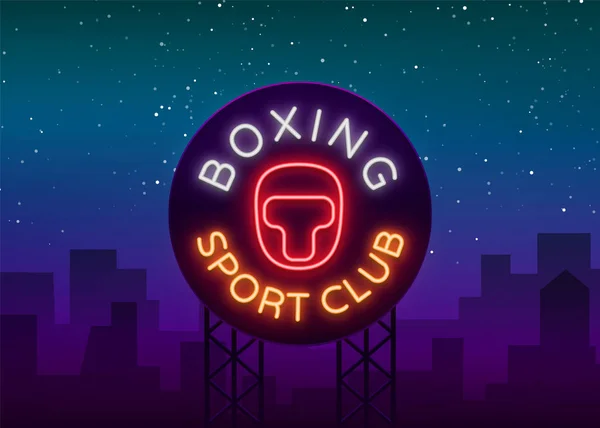 Logo des Boxsportvereins im Neon-Stil, Vektorabbildung. Emblem, ein Symbol für eine Sportanlage zum Thema Boxen. Leuchtreklame, bunte Nachtleben-Werbung — Stockvektor