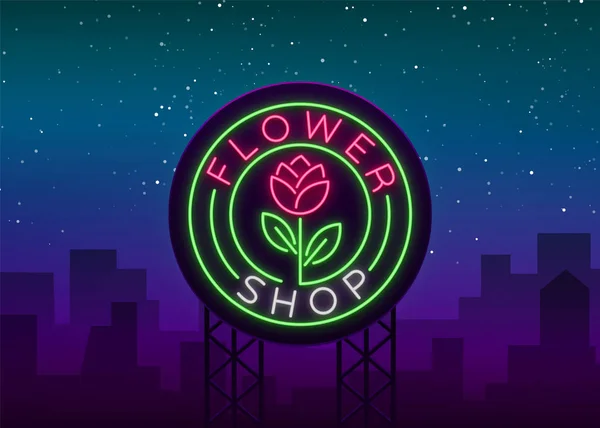 Logo de la tienda de flores, letrero de neón. Ilustración vectorial sobre el tema de la venta de flores. Banner de neón, publicidad vívida de flores, signo de la noche — Vector de stock