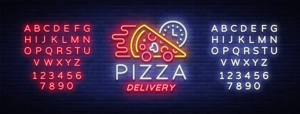 Dostawa pizzy neon znak. Logo w neon styl, światła baner, symbol światła, jasnym nocy neon reklama dostawy żywności dla kawiarni, pizzerii, restauracji. Ilustracja wektorowa. Edycja tekstu neon znak — Wektor stockowy