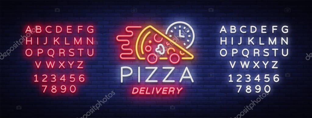 Delivery pizza neon sign. Logo in neon style, light banner, luminous symbol, bright night neon advertising food delivery for cafe, pizzerias, dining. Vector illustration. Editing text neon sign.