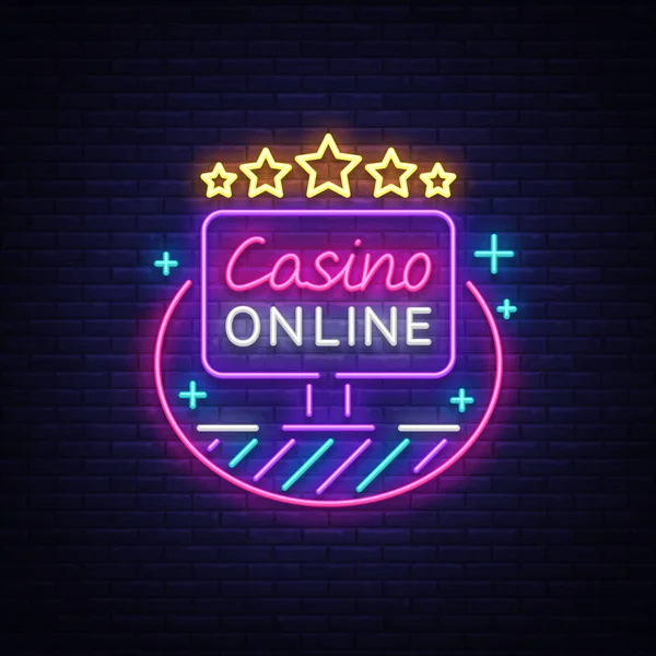 Online Casino neonskylt vektor. Logotyp i neon stil, spelande symbol, ljus banner, ljus neon natt reklam för casino gambling. Formgivningsmall — Stock vektor