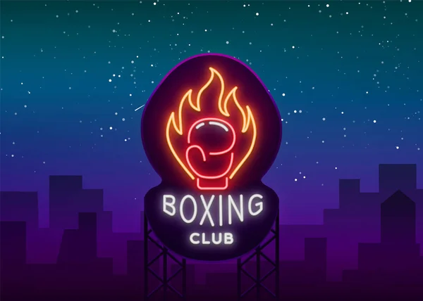 Boksen club logo in neon stijl, vector illustratie. Embleem, neon teken, symbool voor een sport-faciliteit op het onderwerp van boksen. Neon banner, heldere nachtleven advertentie. Billboard — Stockvector