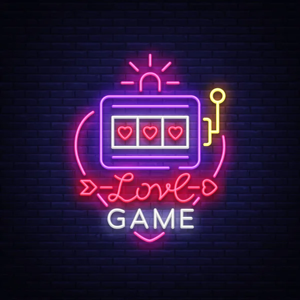 Liebe Spiel Leuchtreklame Vektor. Casino-Spielautomaten-Logo im Neon-Stil, Glücksspiel-Symbol, Lichtbanner, helle Neon-Nacht-Werbung für Casinos und Glücksspiele. Designvorlage — Stockvektor