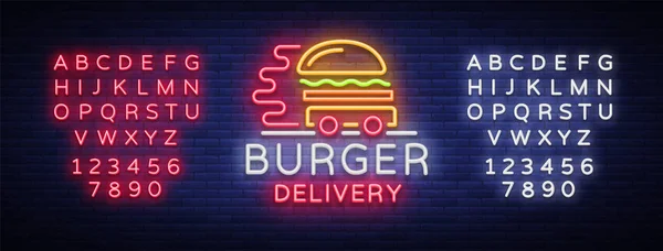 Logo pengiriman burger dalam gaya neon. Papan neon, spanduk ringan, templat desain, neon malam mengiklankan pengiriman makanan. Vektor ilustrasi. Menyunting tanda teks neon - Stok Vektor
